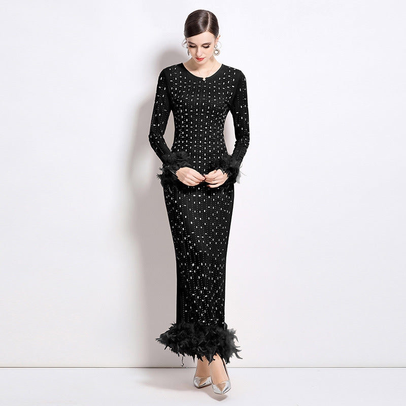 Black Heavy Embellished Stretchable Feather Sleeves Mesh Black Party Dress