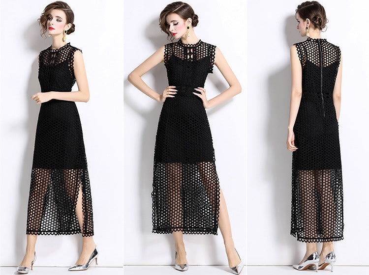 Black Hollow-Out Lace Midi Dress
