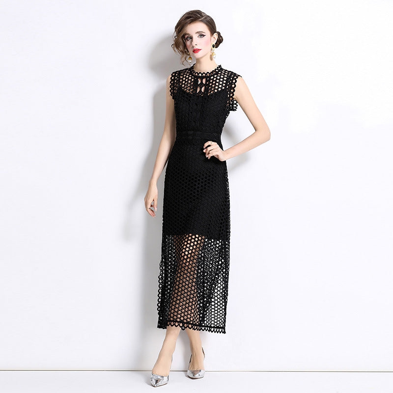 Black Hollow-Out Lace Midi Dress
