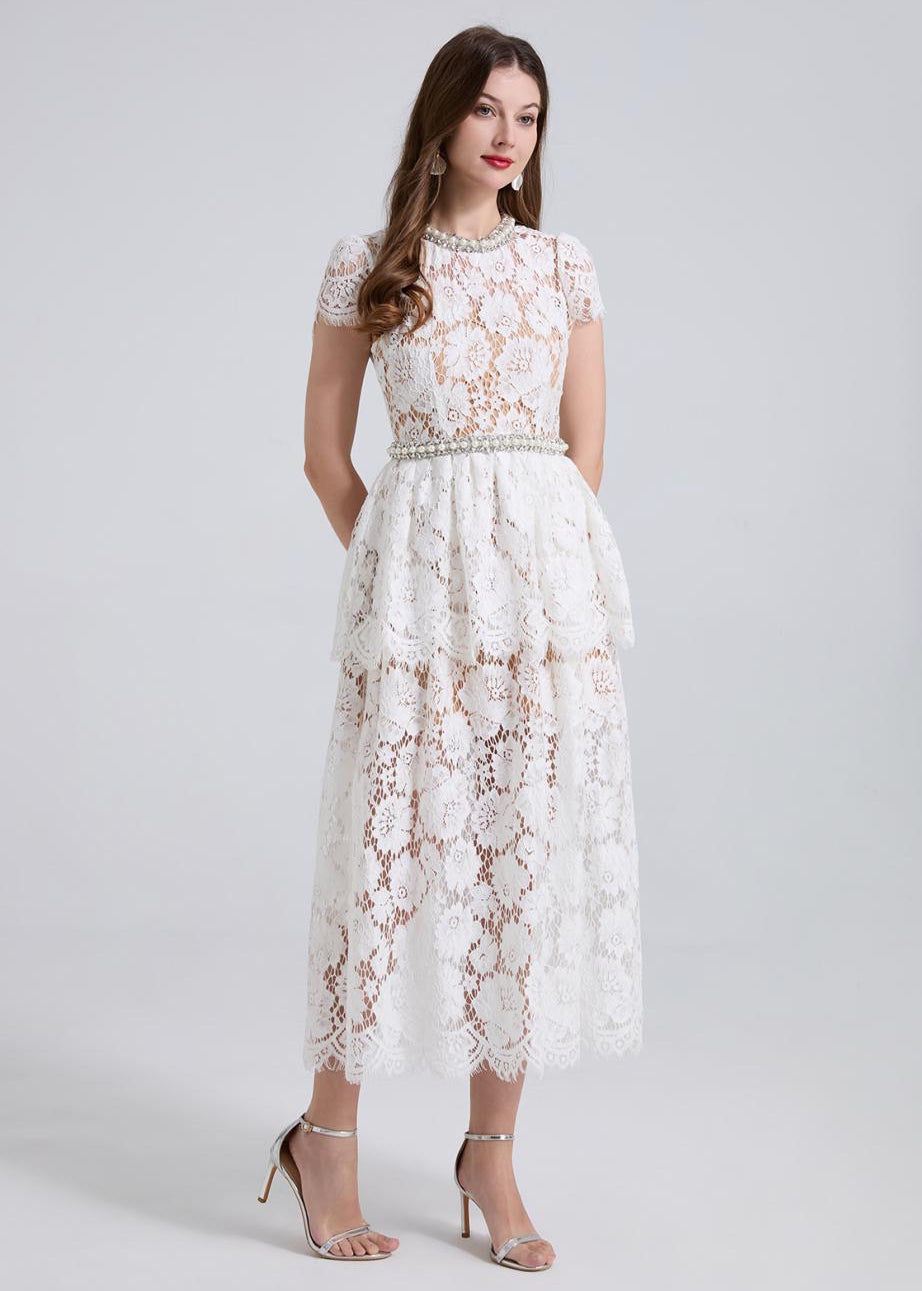 Elegance Pearl Trimmed Lace Midi Dress
