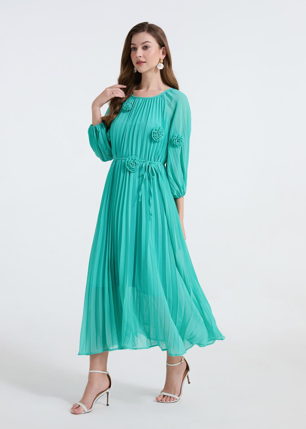 Emerald Breeze Pleated Midi Dress - 906472342218_GREEN