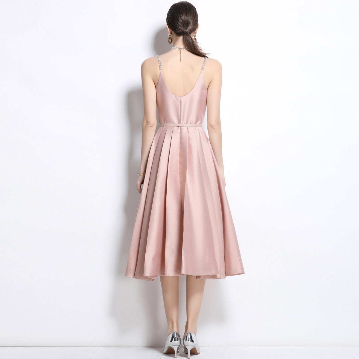 Blush Satin Crystal-Button Midi Dress