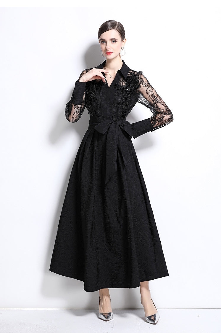 Black Lace Sleeve Belted Maxi Dress