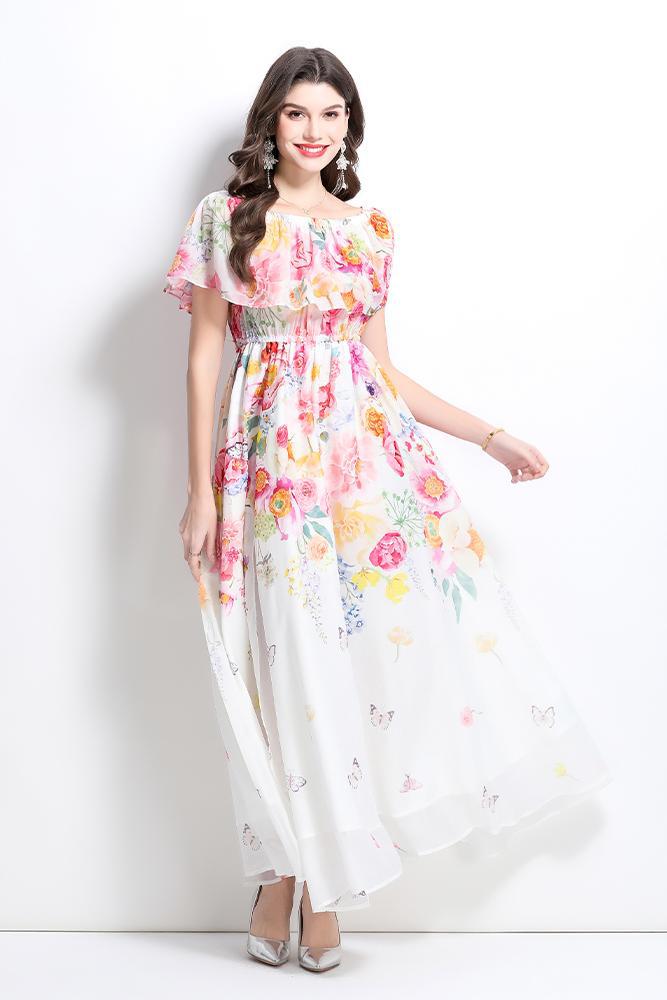 Floral Off-Shoulder Chiffon Maxi Dress