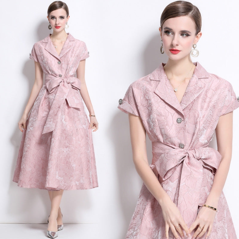 Elegant Rose Brocade Midi Dress - 913663767470_PINK