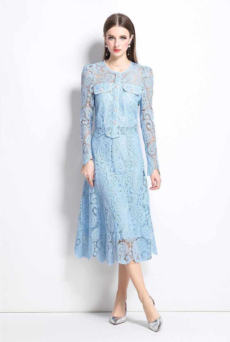 Elegant Long-Sleeve Lace Midi Dress – Sky Blue