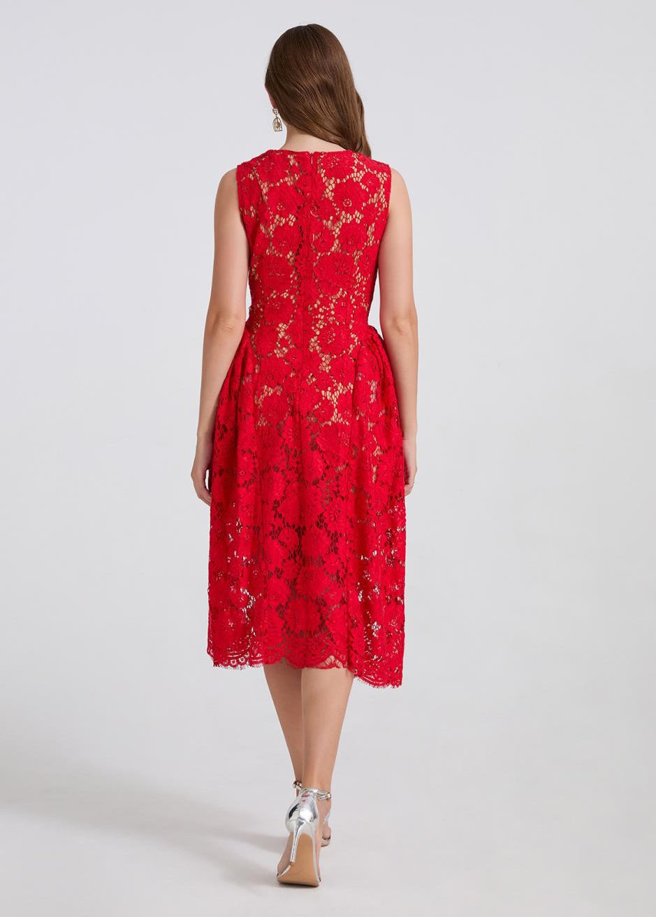 Crimson Bloom Lace Dress