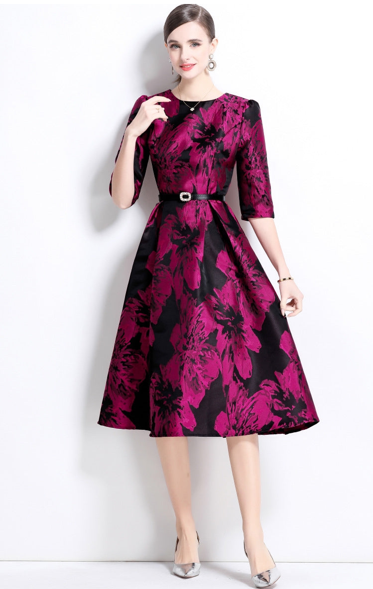 Jacquard Fuchsia Dress With Fitted Vest and Hepburn skirt