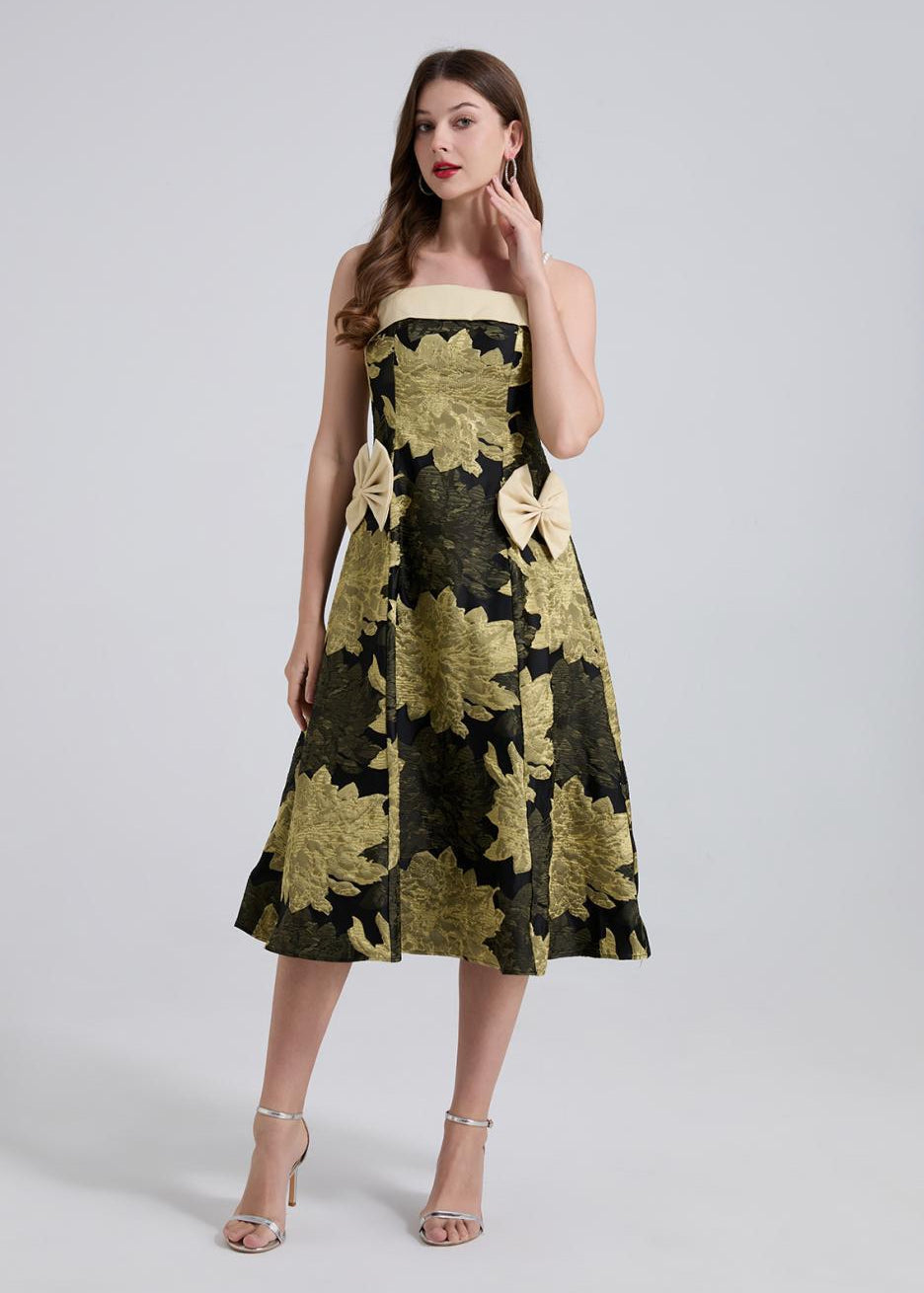 Golden Bloom Jacquard Midi Dress