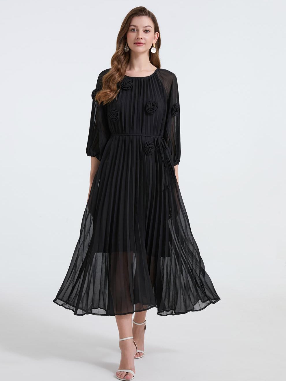 Midnight Bloom Pleated Chiffon Dress - 906472342218_BLACK