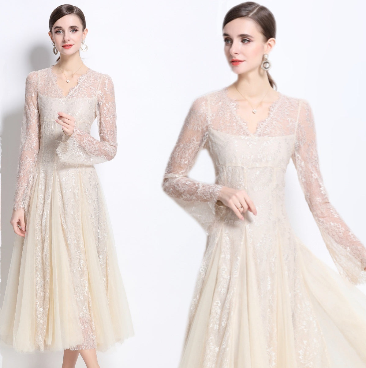 Ivory Lace Long-Sleeve Midi Dress