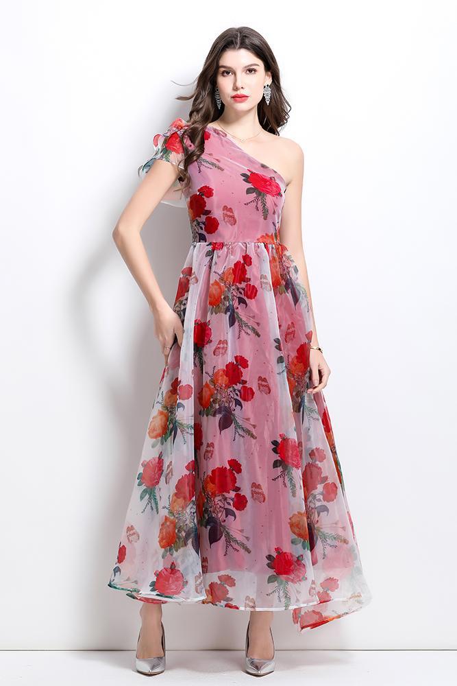 One-Shoulder Floral Slit Maxi Dress