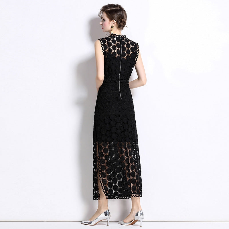 Black Hollow-Out Lace Midi Dress