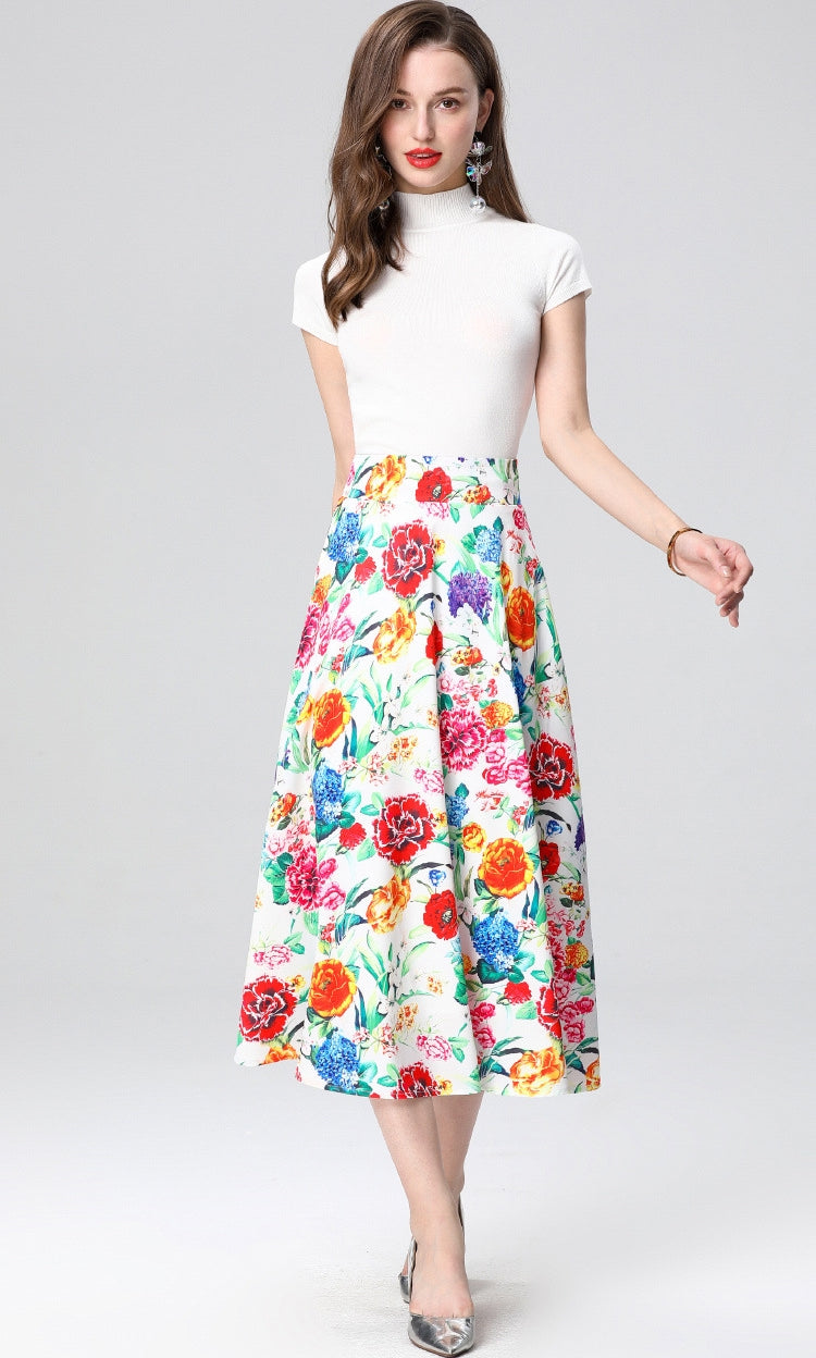 Colorful Floral Midi Skirt Two Piece Set