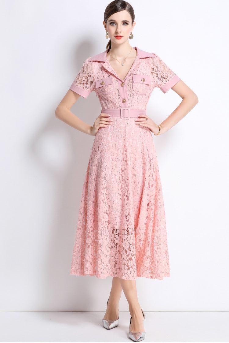 Blush Pink Lace Military Midi Dress