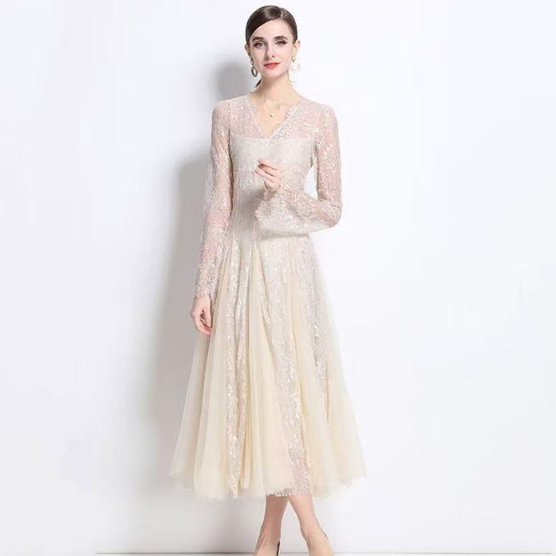 Ivory Lace Long-Sleeve Midi Dress
