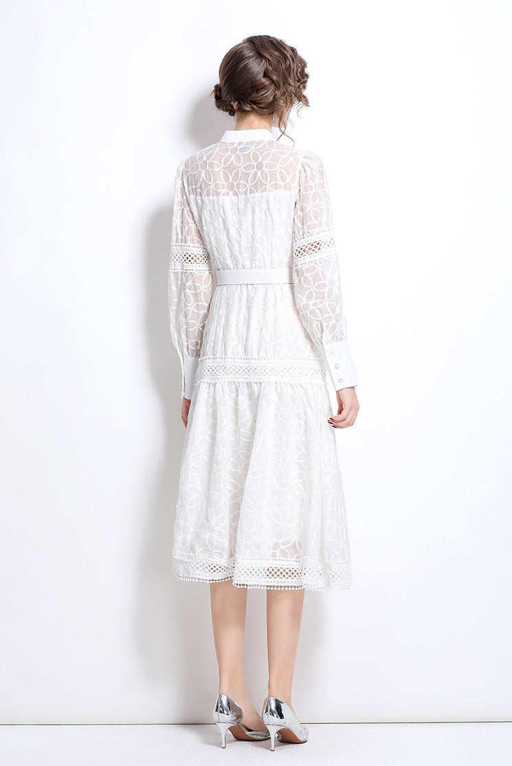 White Lace Belted Midi Dress