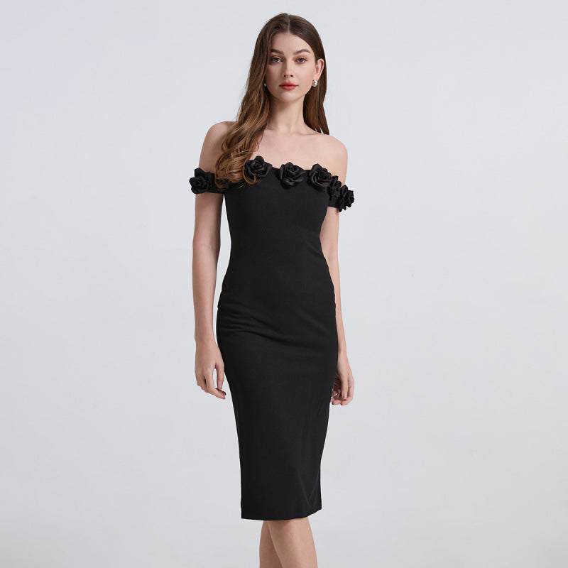 Black Off-Shoulder Rose Embellished Bodycon Dress