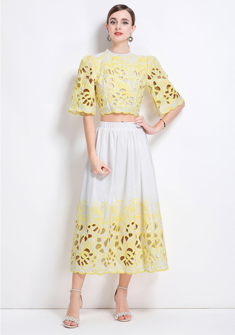 Yellow Embroidered Cutout Two Piece Dress