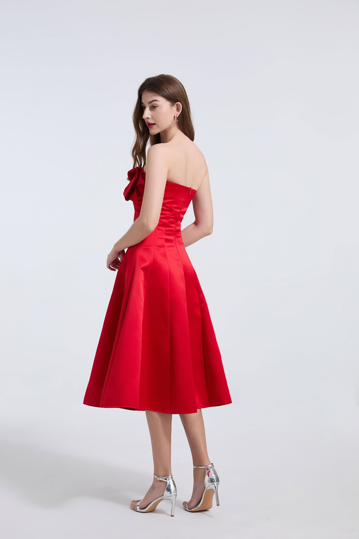 Strapless Bow Detail Satin Midi Dress - Red