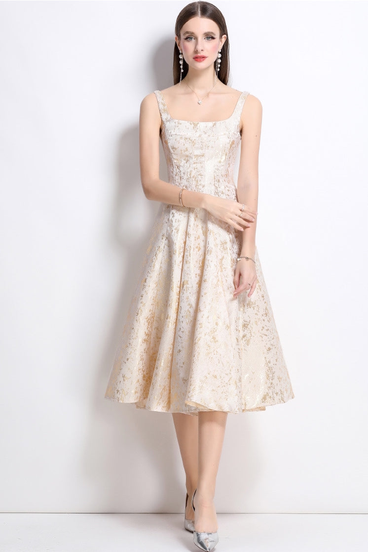 Elegant Gold Jacquard Midi Dress