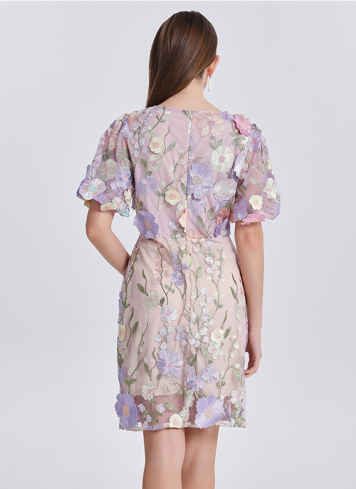 Pastel Garden Embroidered Mini Dress - 907313265705_LIGHTPURPLE