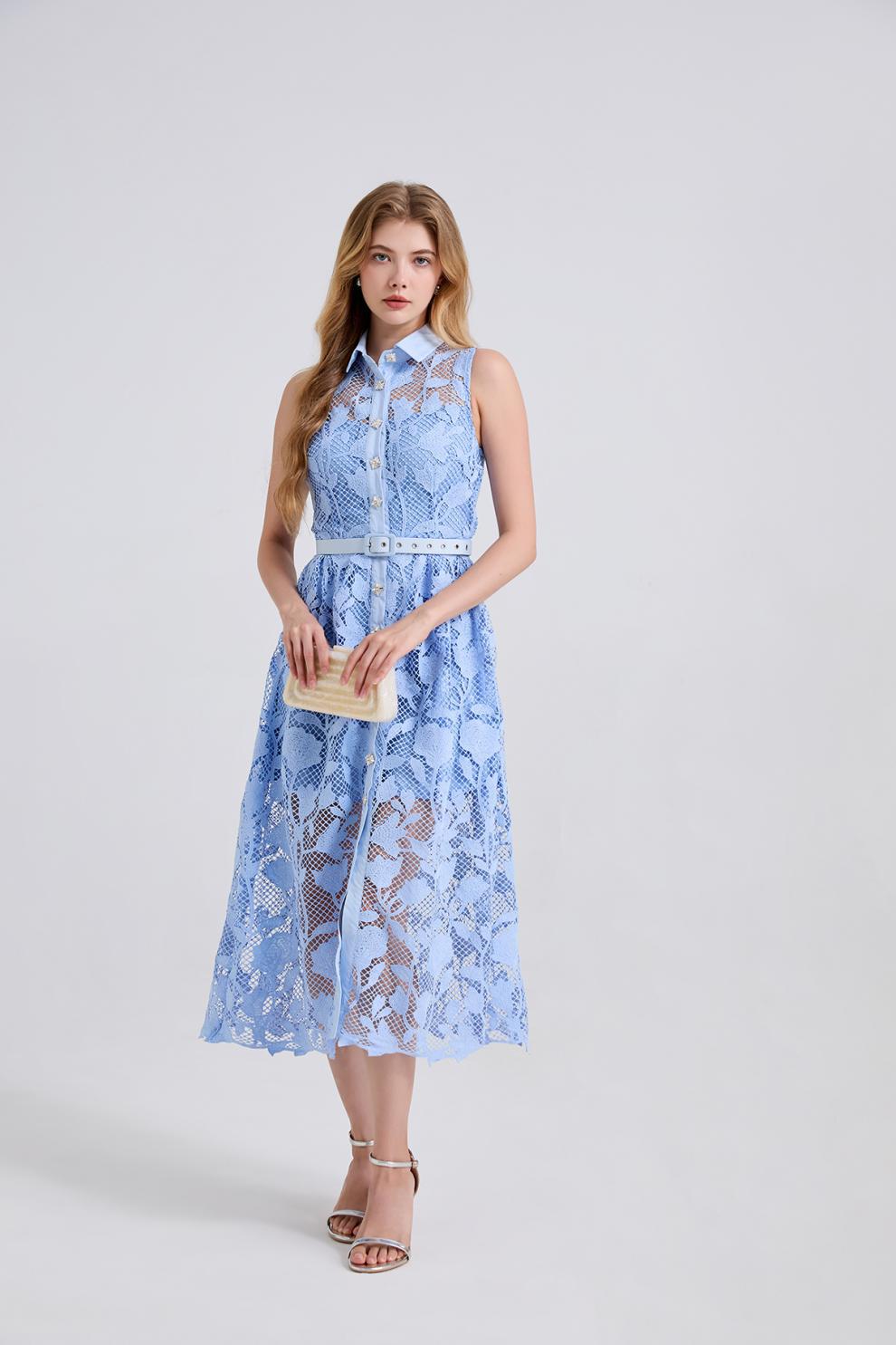 Sky Blossom Sleeveless Lace Midi Dress - 919430221311_BLUE