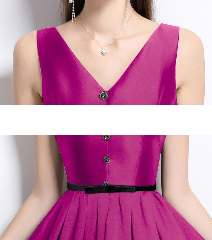 Elegant Magenta V-Neck Buttoned Midi Dress