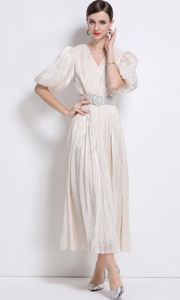 Ivory Grace Pleated Belted Dress - 920551704711_APRICOT