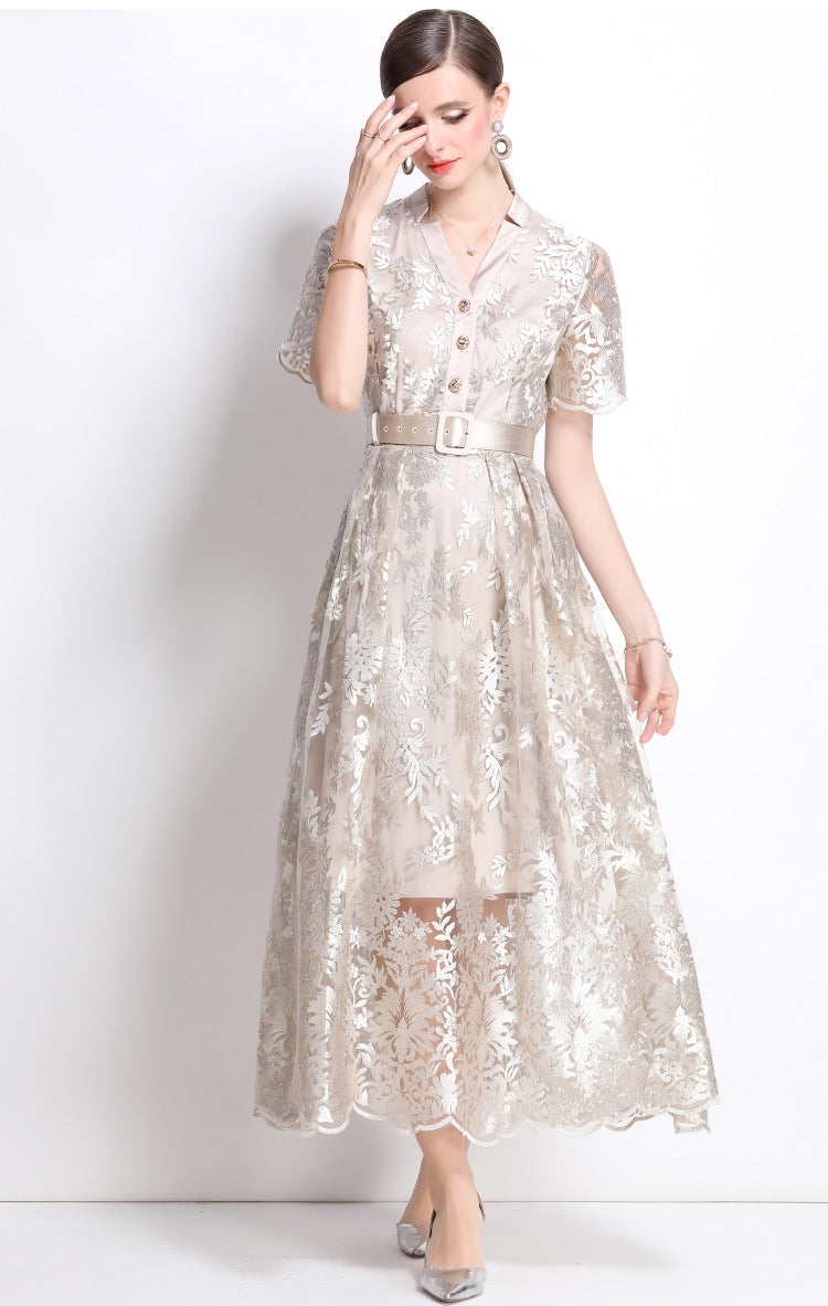 Luxe Embroidered Lace Midi Dress with Belt - 901024775521_APRICOT
