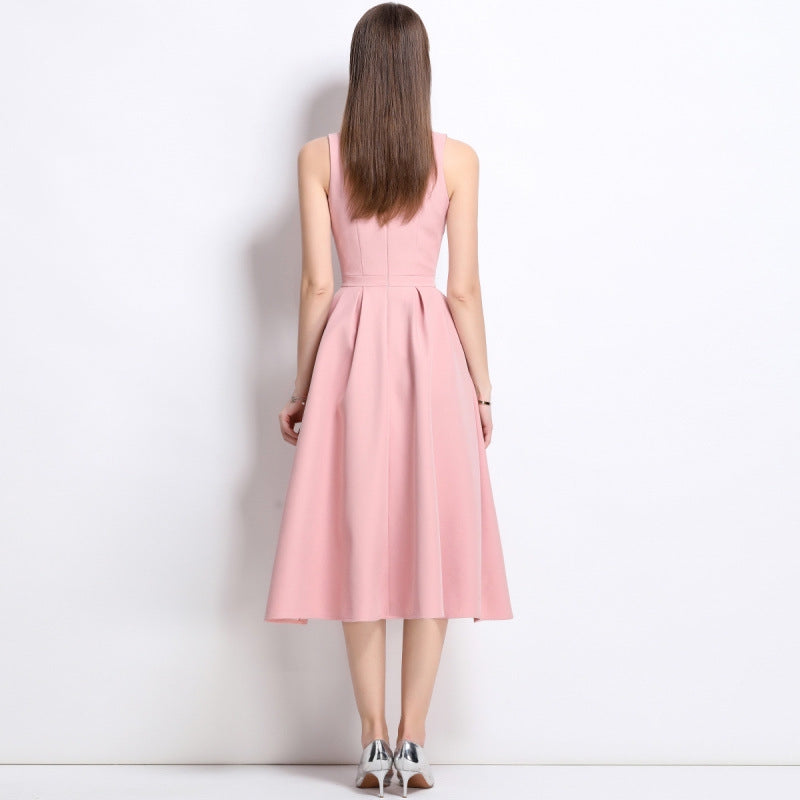 Elegant Rose Midi Bow Dress - 901083289296_PINK