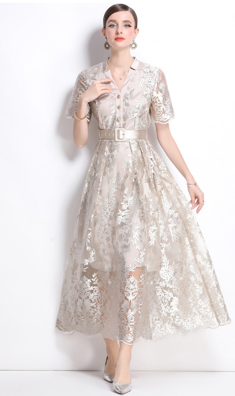 Luxe Embroidered Lace Midi Dress with Belt - 901024775521_APRICOT