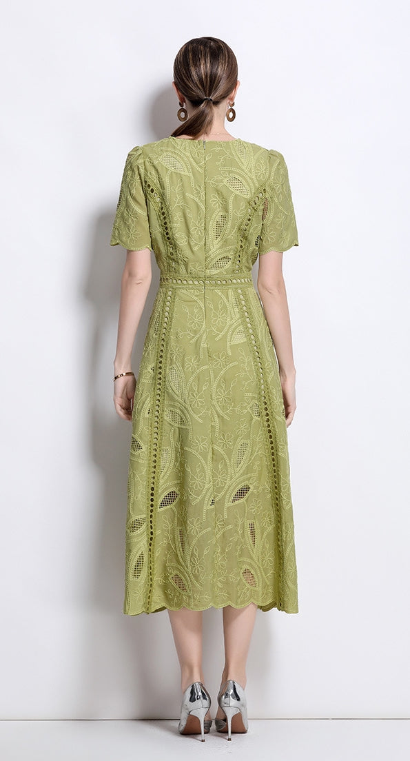 Olive Whisper Embroidered Midi Dress