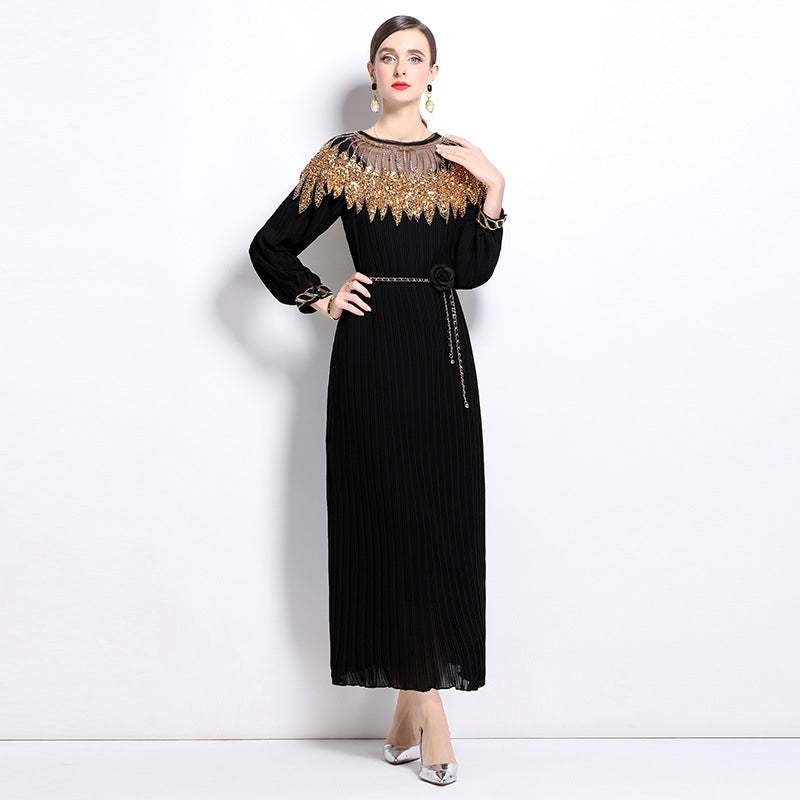 Elegant Black Maxi Dress with Gold Embellishments