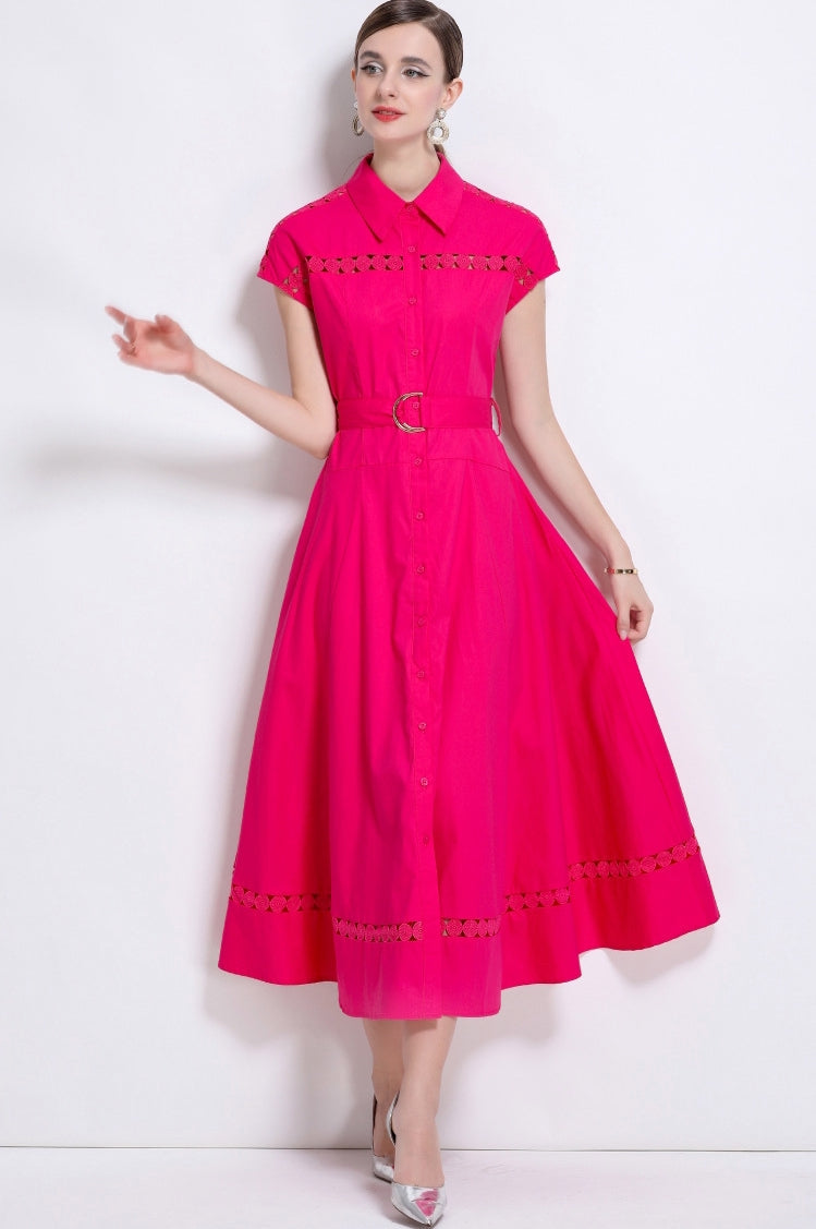 Fuchsia Flair Belted Shirt Dress