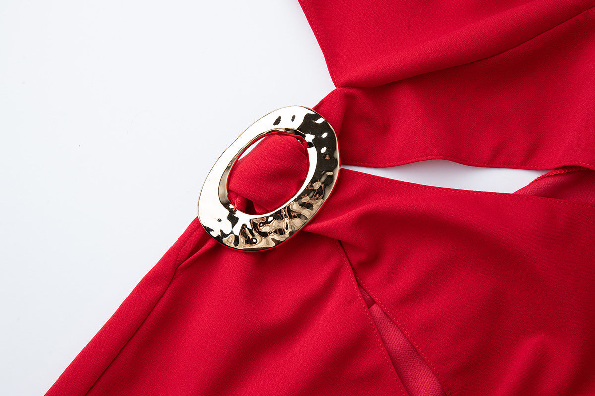 Red One-Shoulder Cutout Gown