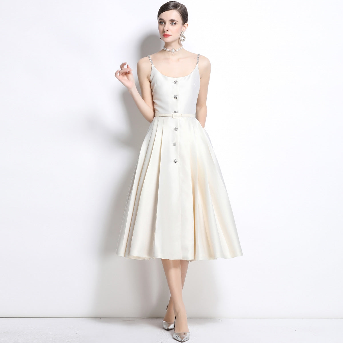 Ivory Satin Crystal-Button Midi Dress