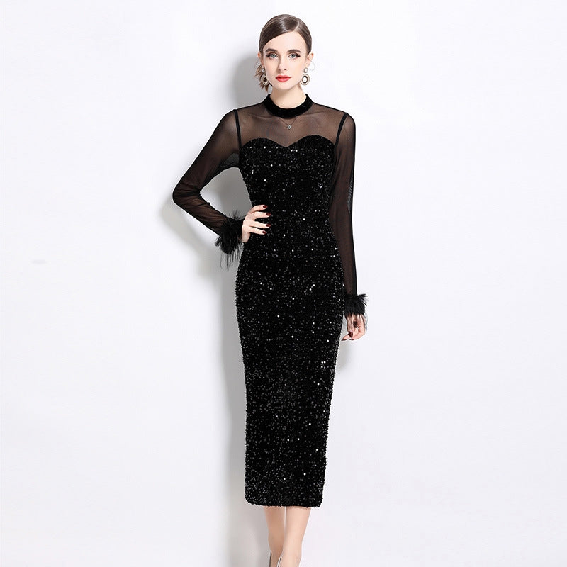 Black Sequin Velvet Dress With Feather Cuffs
