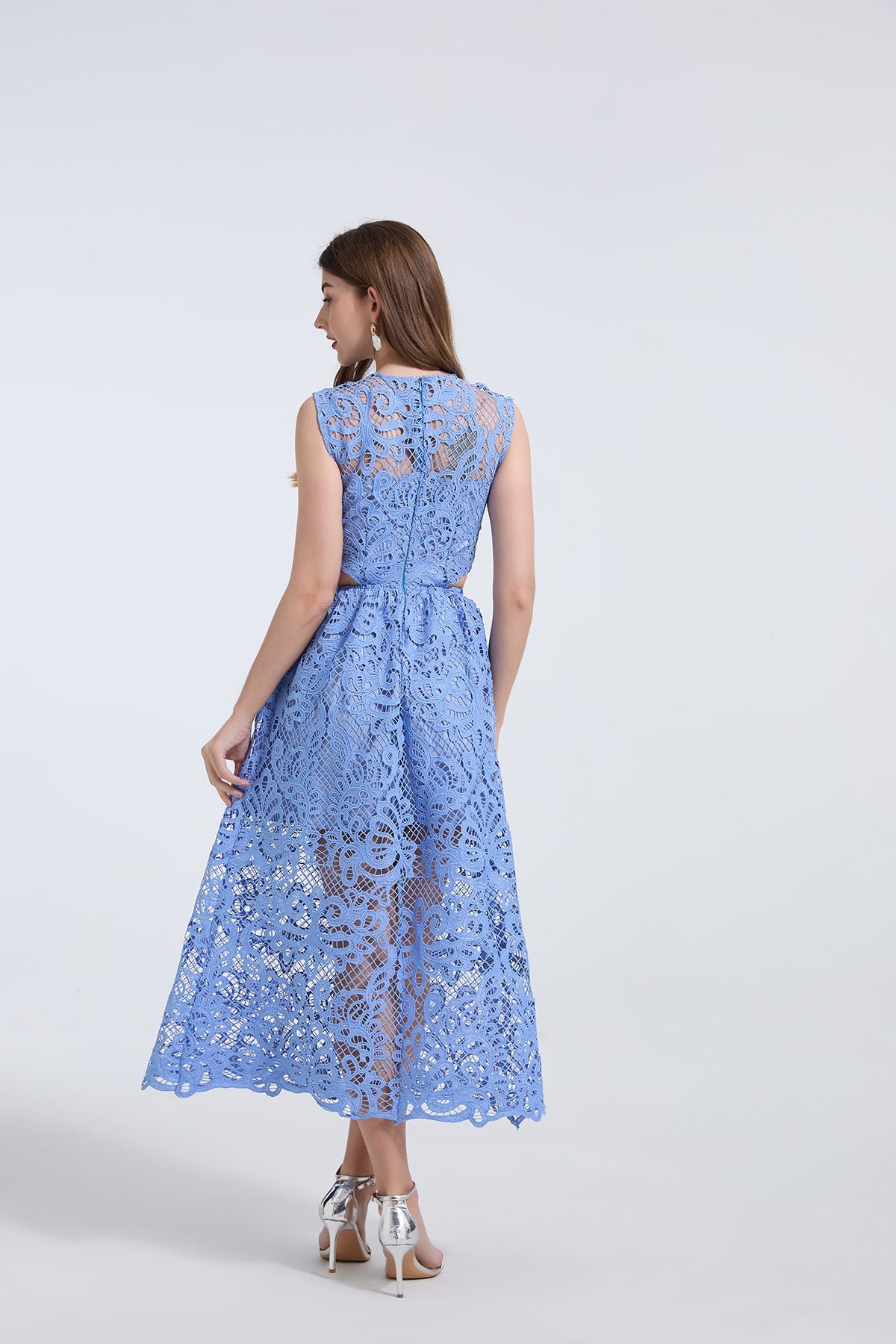 Elegant Sky Blue Lace Midi Dress