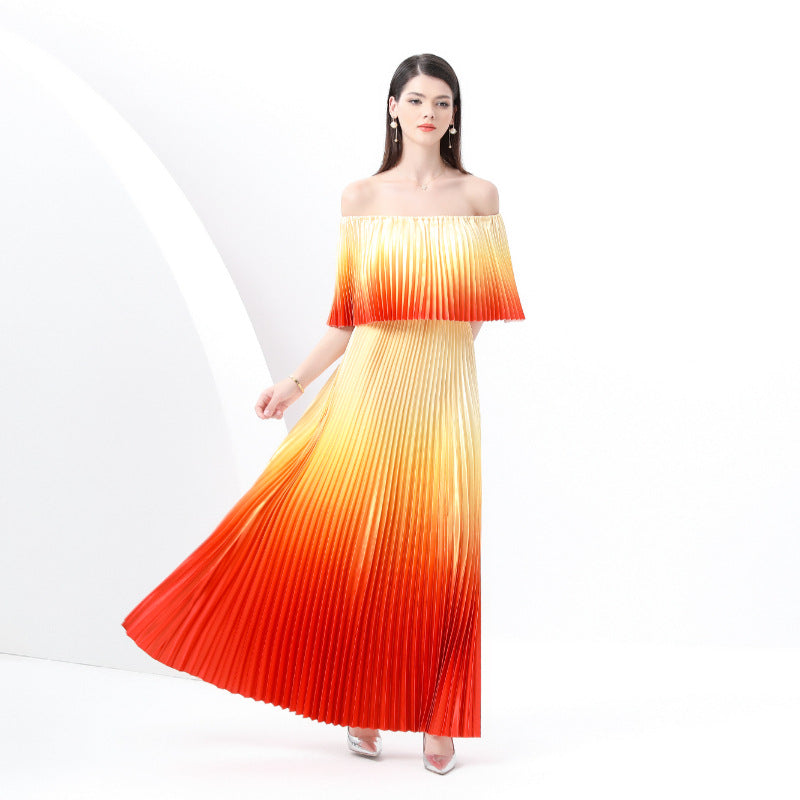 Off-Shoulder Ombre Pleated Maxi Dress