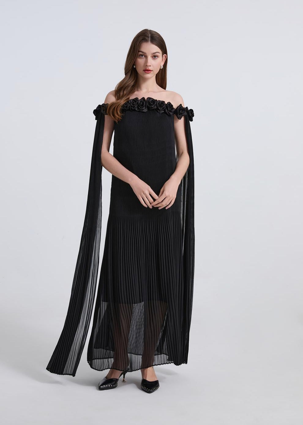Black Floral Off-Shoulder Pleated Gown