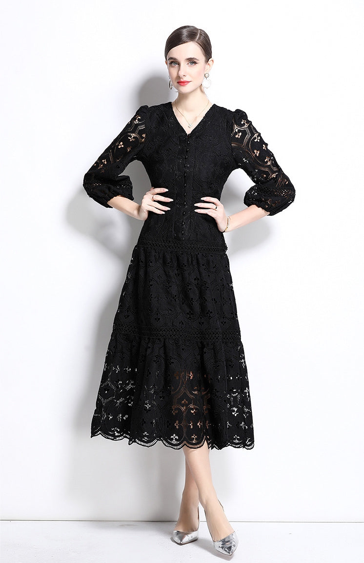 Vintage Black Lace Midi Dress