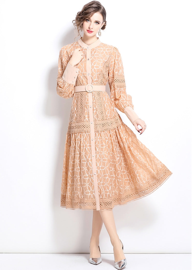 Elegant Apricot Lace Midi Dress with Belt