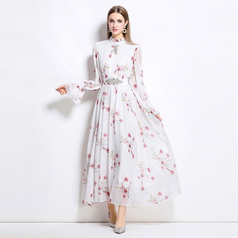 Cheery Red Flowy Floral Tiered Chiffon Gown With Belt