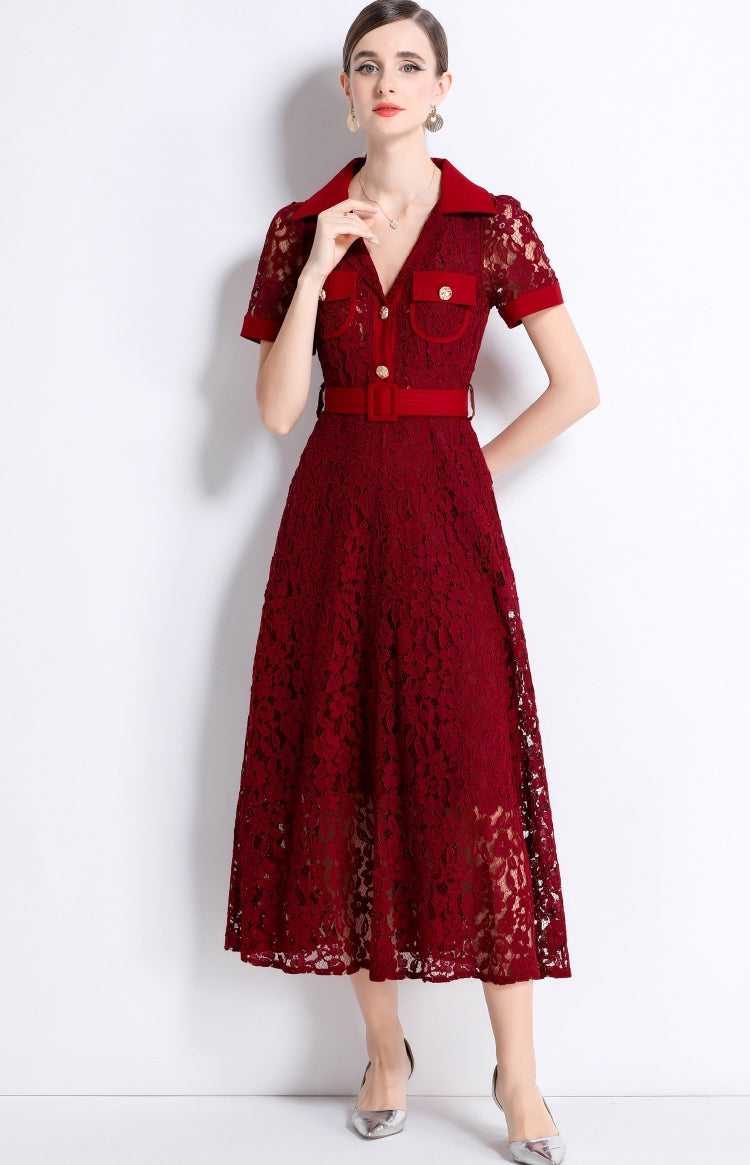 Burgundy Lace Military Midi Dress