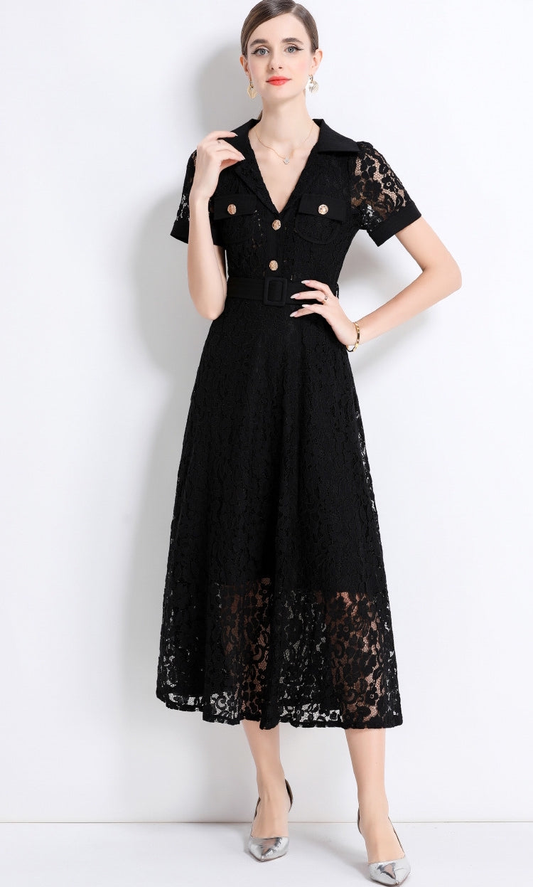 Black Lace Military Midi Dress