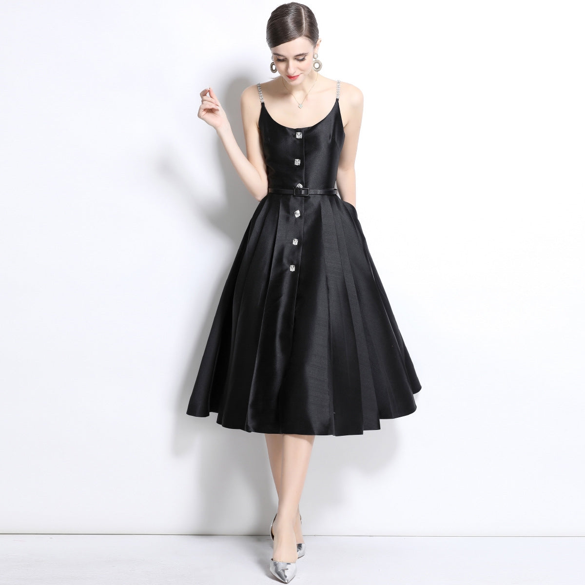 Black Satin Crystal-Button Midi Dress
