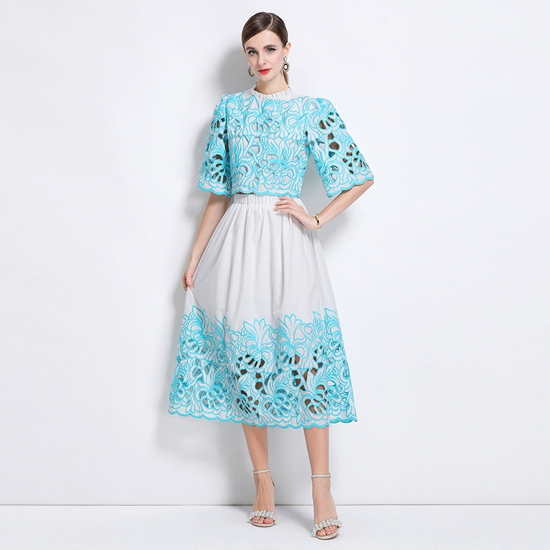 Turquoise Embroidered Lace Two Piece Dress