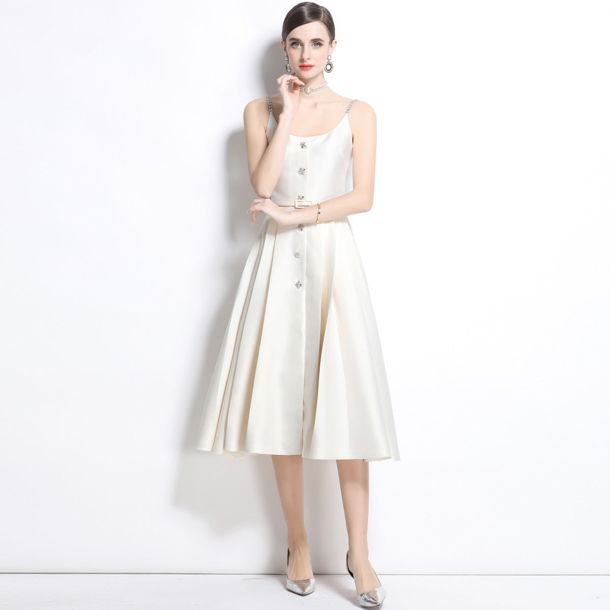 Ivory Satin Crystal-Button Midi Dress