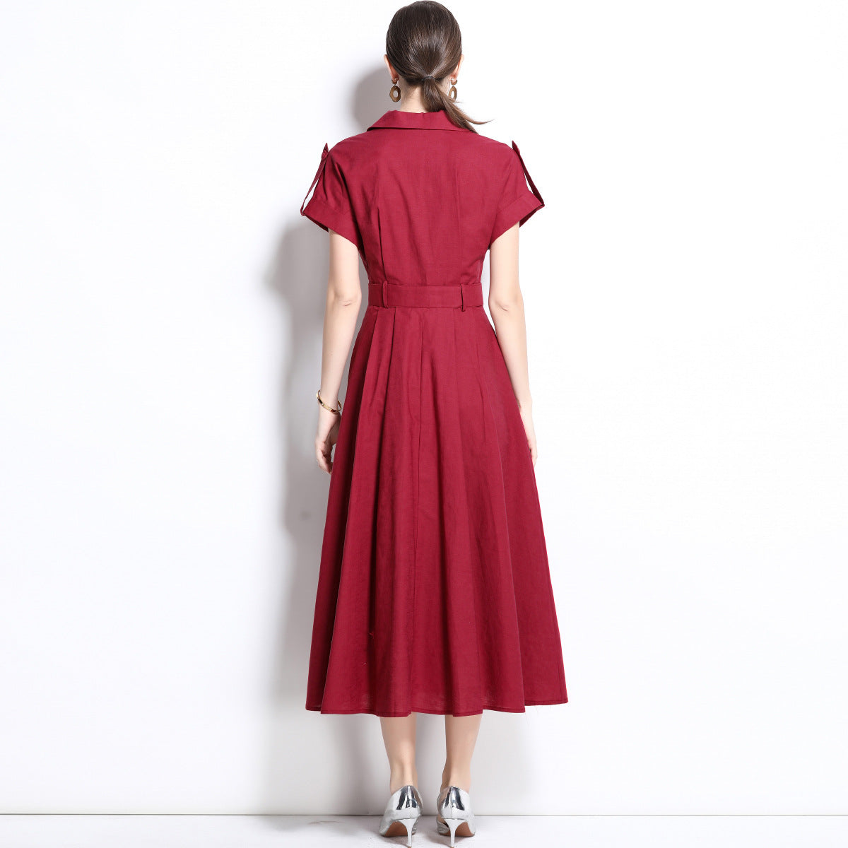 Burgundy Military Midi Dress with Belt